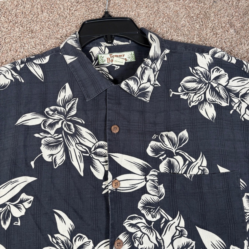 Tommy Bahama Mens Large Silk Floral Camp Shirt Navy Blue Short Sleeve Button Up